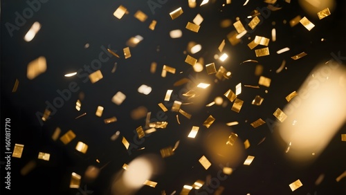 Golden confetti floating in the air with soft lighting, creating a festive atmosphere