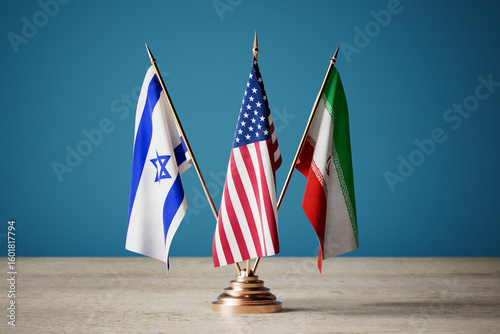 Geopolitical Tension And Diplomacy Concept. Israel, USA, And Iran Flags On Golden Stand. 3d Rendering