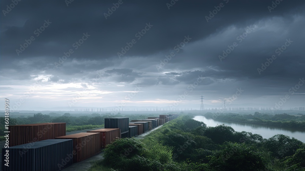 Fototapeta premium Shipping containers line narrow road adjacent to river under cloudy overcast sky power lines are visible in distant background