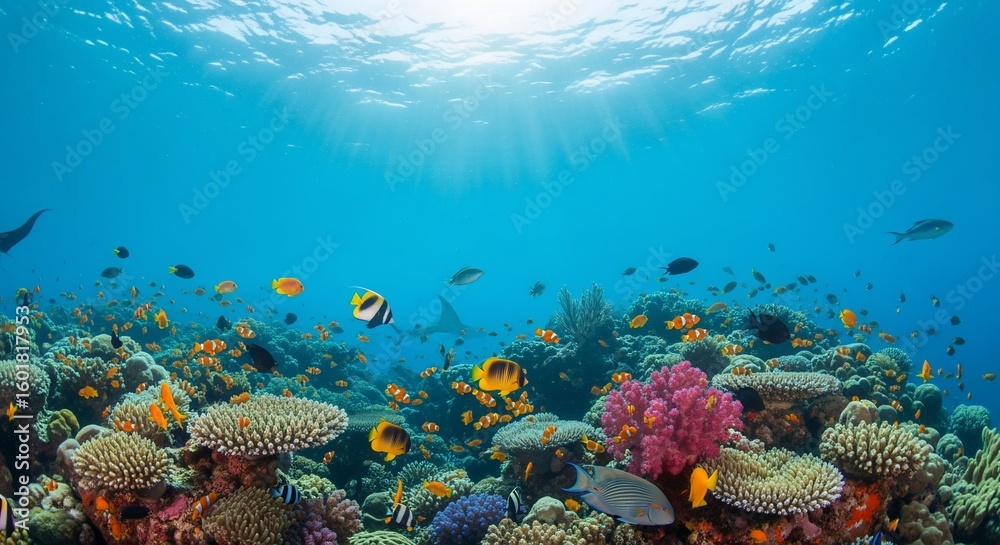Fototapeta premium Underwater Coral Reef Scene with Colorful Fish and Sunlight