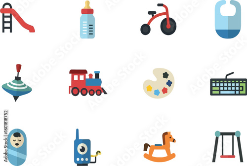 Illustration of various baby and children's items including toys and accessories on white