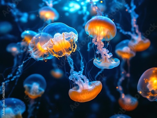 Glowing jellyfish drift in dark blue sea, ideal for marine biology visuals, ocean conservation campaigns, and surreal underwater backgrounds for editorial or digital design
