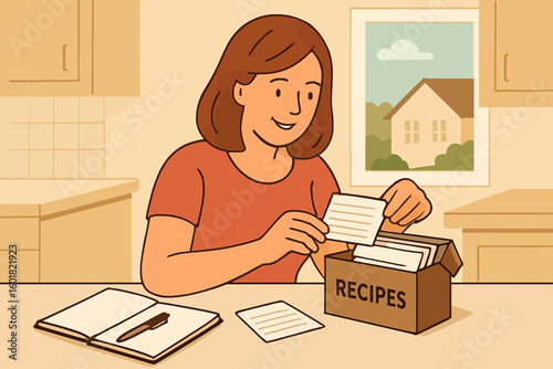 Smiling woman organizing recipes at home, preparing dinner, family, cooking, lifestyle, kitchen scene