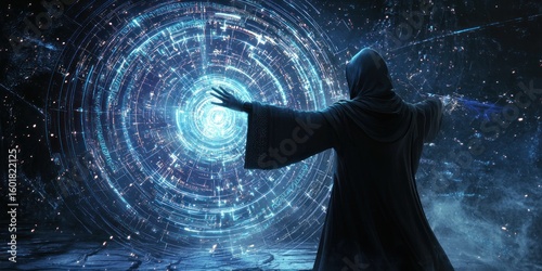 A futuristic mage using holographic runes to create a swirling vortex of light