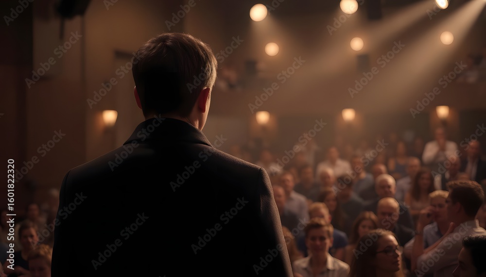 back view of man in coat on the stage in front of audience back view of man in coat on the stage in front of audience