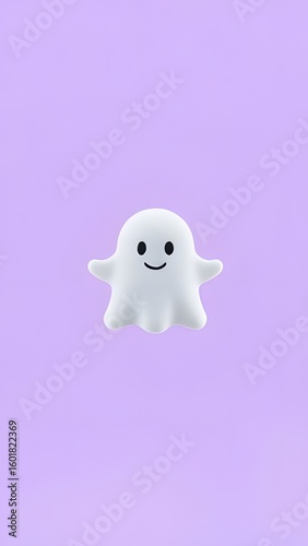 3d rendered cute white ghost with smiley face in purple background