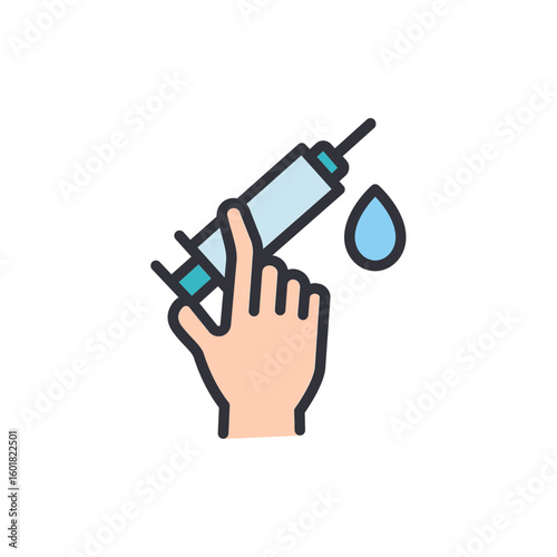 Hand Injecting Medication With Syringe And Water Drop Isolated Design