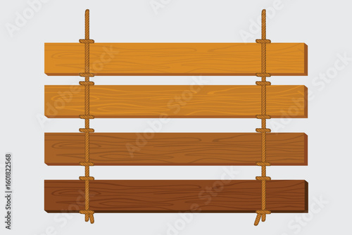 Hanging Wooden Sign Vector Set. Vector of rustic hanging wooden signboards made from planks and ropes. Perfect for shops, cafes, banners, and decoration.
