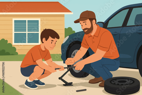 Father and son bonding while changing a car tire, learning valuable life skills together outdoors