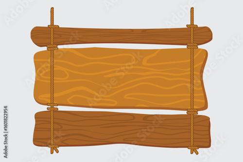 Hanging Wooden Sign Vector Set. Vector of rustic hanging wooden signboards made from planks and ropes. Perfect for shops, cafes, banners, and decoration.