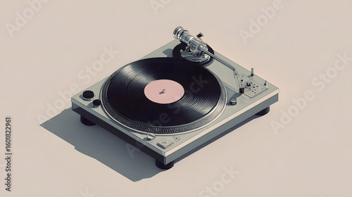 A classic turntable with a vinyl record placed on its platter. The design is elegant and minimalist, evoking a sense of nostalgia for analog music playback.