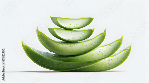 Several aloe vera slices neatly stacked, with their distinct, translucent green gel visible.