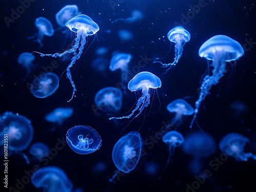 Glowing jellyfish drift in dark blue sea, ideal for marine biology visuals, ocean conservation campaigns, and surreal underwater backgrounds for editorial or digital design