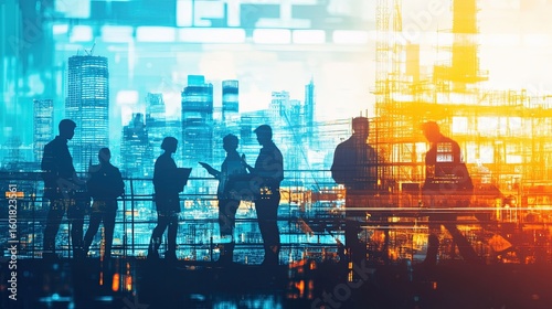 A montage featuring silhouettes of managers optimizing workflows, streamlining operations, and enhancing productivity. The background industrial or corporate setting with a cityscape visible outside