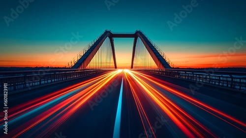 Vibrant light trails streak across a bridge at sunset