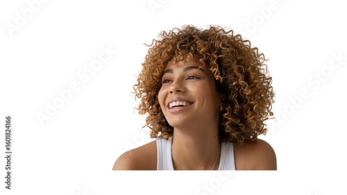 Joyful Young Woman with Curly Hair Smiling and Looking Up