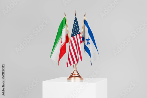 Diplomacy And International Relations Concept. Flags Of Iran, USA, And Israel On Golden Stand Over White Pedestal and White Background. 3d Rendering