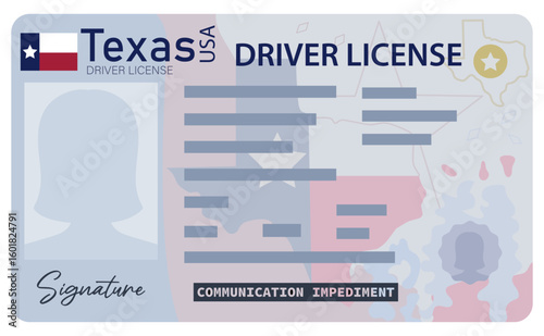 Texas driver's license. Female picture silhouette driver's license isolated on white background.