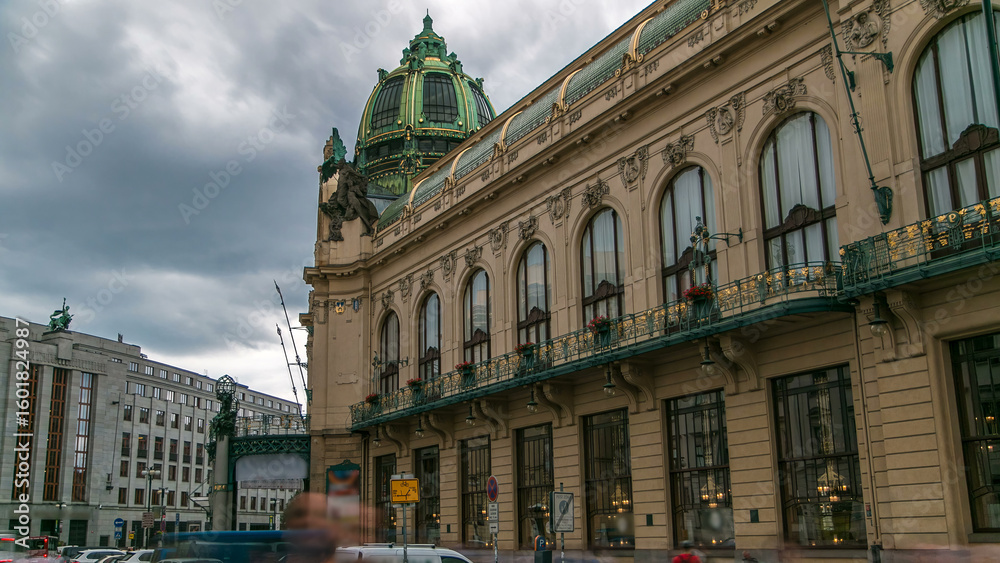 Obraz premium View of Municipal House and their art nouveau facades timelapse in Prague, Czech Republic