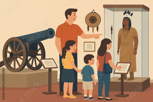 Family explores cultural heritage at museum exhibit, learning about history and native traditions