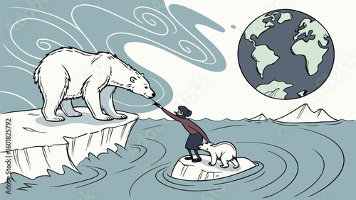 Climate Change: A Woman Helps Polar Bears on Melting Ice Floes, Illustrative Style, Environmental Concern, Hopeful Mood, Global Warming Awareness.