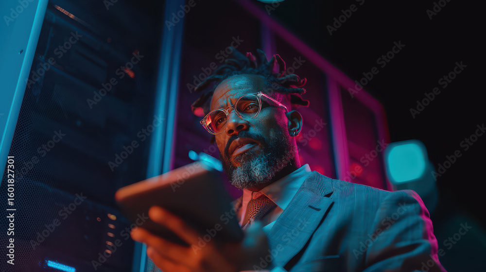 Obraz premium An african man working in server room with a tablet in his hands. The man wears glasses and a suit, and the scene is illuminated by neon lights.