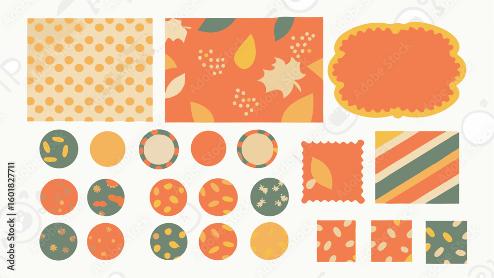 Fototapeta premium Collection of autumn themed patterned shapes including circles squares and rectangles on a white background silhouette