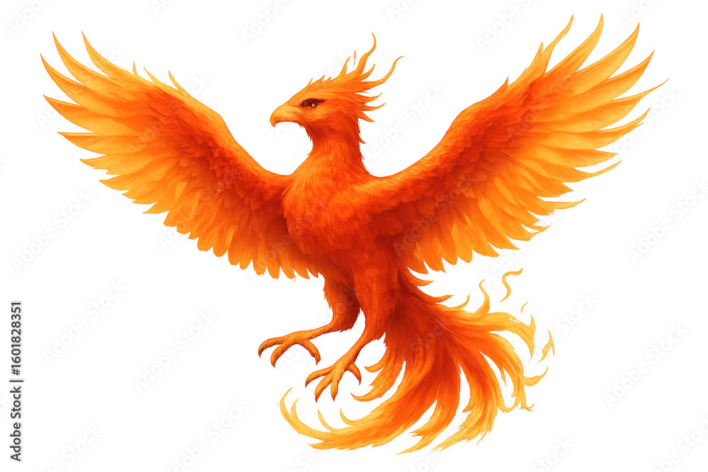 Obraz premium Powerful phoenix spreading its fiery wings, embodying rebirth, strength, and immortality on a transparent background
