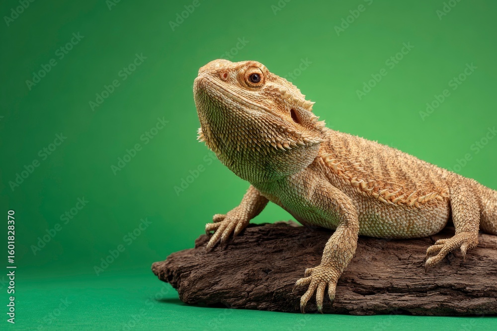 Fototapeta premium A bearded dragon sits on a piece of wood against a green background
