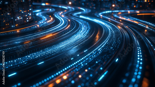 Abstract flowing light trails of a futuristic city at night