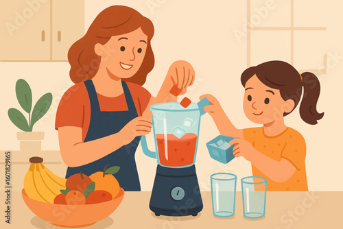 Mother and daughter making a healthy smoothie with fresh fruit in a bright, cheerful kitchen setting