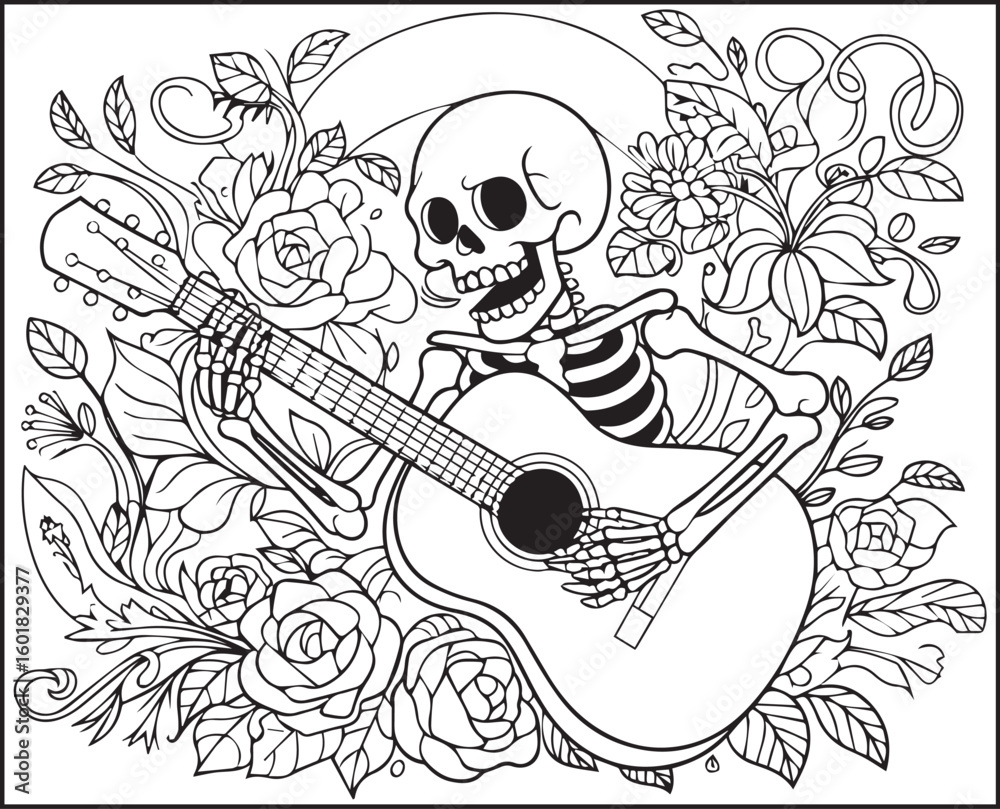 Obraz premium Halloween coloring page with spooky elements and hand-drawn doodle vector outline illustration