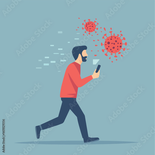 Fake news or misleading information of Coronavirus COVID-19 that people share on social media and internet, man panic running away on long nose liar talking people from social medi