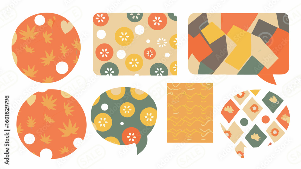Fototapeta premium Collection of six patterned speech bubbles with floral and geometric designs on a white background silhouette