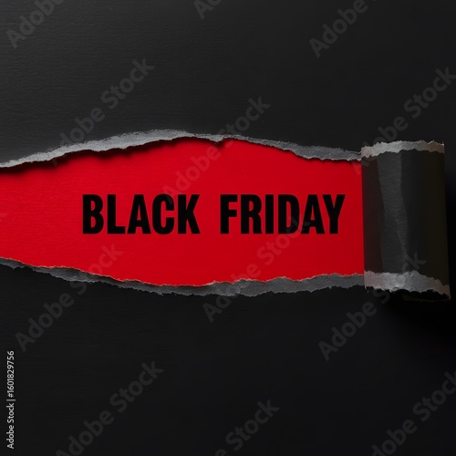 a black torn paper revealing the BLACK FRIDAY in bold black letters on a red background. Black Friday composition. Top view of Black torn paper and the text black Friday on a red background. 
