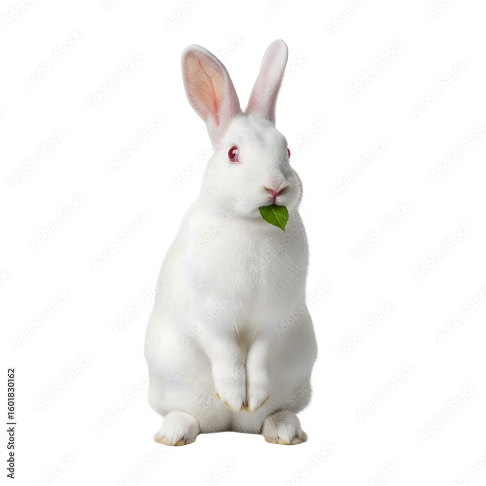 Obraz premium A cute white albino rabbit with red eyes stands up while eating a green leaf, isolated on transparent background.