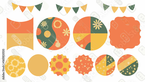 Collection of decorative elements including pennant banners and patterned circles and shapes design silhouette