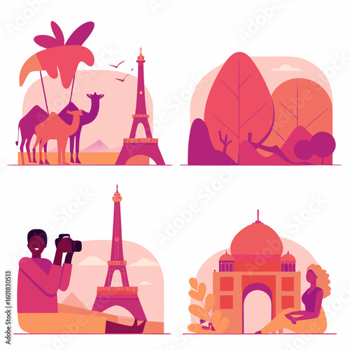 Colorful illustration of camels near the Eiffel Tower with stylized trees and mountains in the background