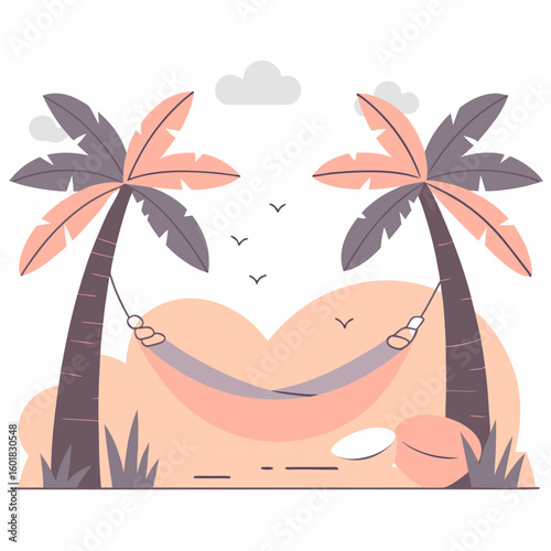 Tropical scene featuring two palm trees swaying gently in a serene atmosphere with clouds