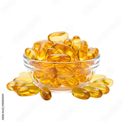 A glass bowl filled with golden omega 3 fish oil supplement capsules isolated on transparent background.