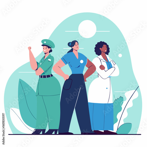 Empowering Women in Various Professions Stand Together with Confidence Against a Minimalist Background