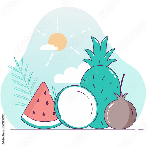 A vibrant illustration of tropical fruits including watermelon, pineapple, and coconut under a sunny sky