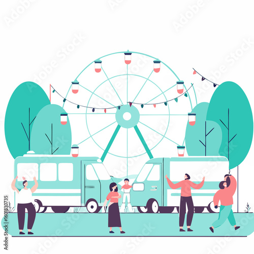 Colorful Ferris wheel in a vibrant park setting with trees and decorative lights