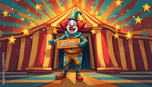 A cheerful clown in a colorful costume stands before a vibrant circus tent, holding a welcome sign amidst a backdrop of radiating lights and stars.