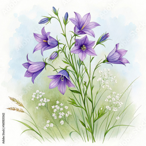 Watercolor painting of purple bellflowers and delicate white wildflowers in a meadow
