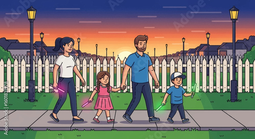 Family evening walk with glowing lights during sunset, creating a perfect summer memory