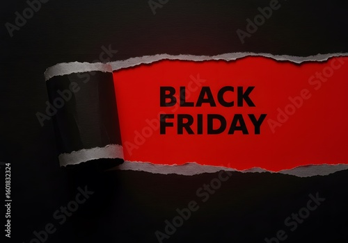 a black torn paper revealing the BLACK FRIDAY in bold black letters on a red background. Black Friday composition. Top view of Black torn paper and the text black Friday on a red background. 
