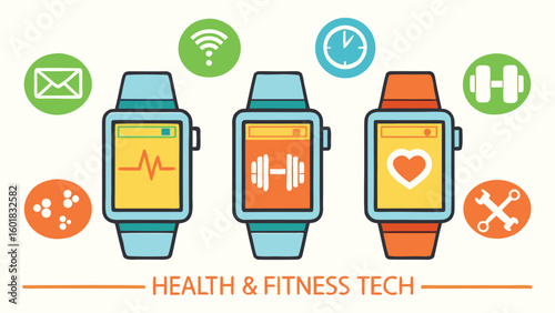 Three Smartwatches Displaying Health and Fitness Data: Heart Rate, Workout Tracking, and Wireless Connectivity; Modern Line Art Style; Positive and Upbeat Mood.