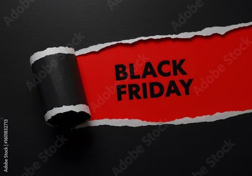 a black torn paper revealing the BLACK FRIDAY in bold black letters on a red background. Black Friday composition. Top view of Black torn paper and the text black Friday on a red background. 
