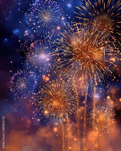 Dynamic golden spiral cyan waterfall purple star fireworks on indigo to peach gradient backdrop, glowing halo effect dots, compact composition with e-commerce placement zone for banners.
